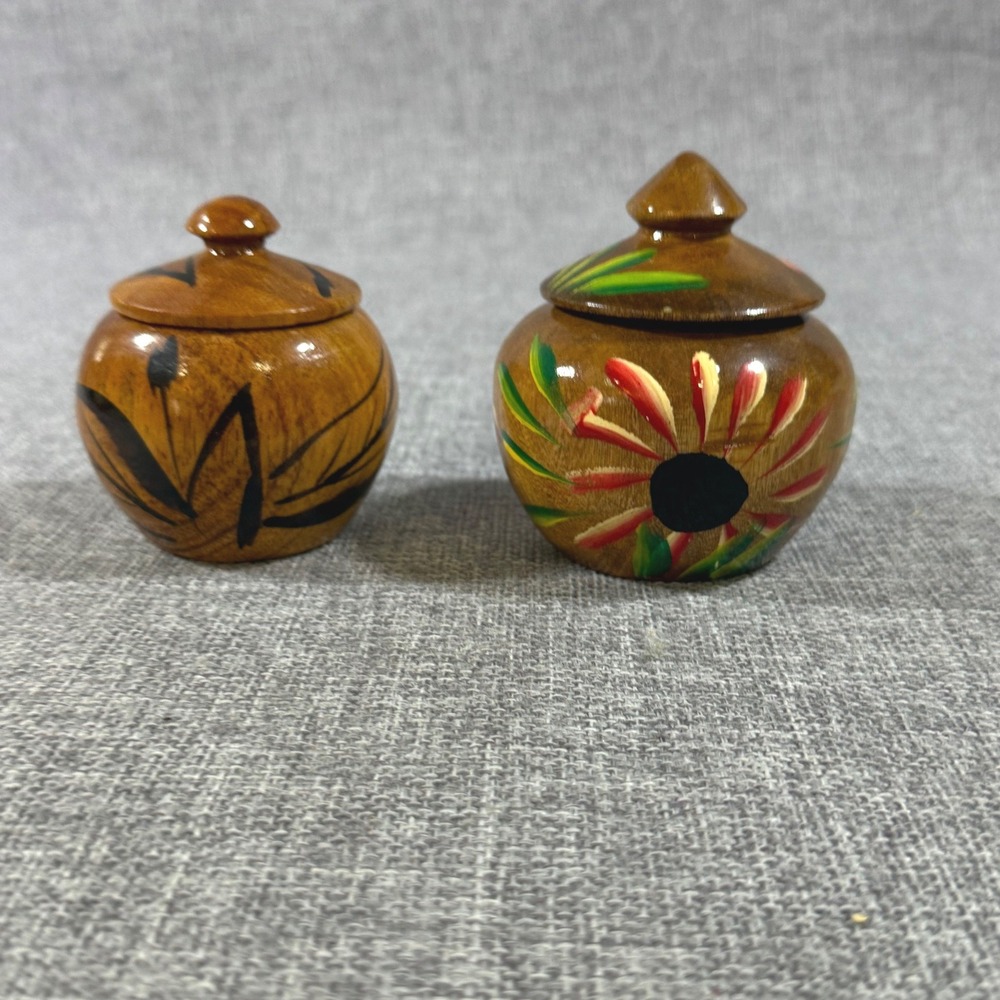 VTG Haiti Hand Painted Wooden Trinket Pot Jars Set of 2 Brown Floral Boho Folk